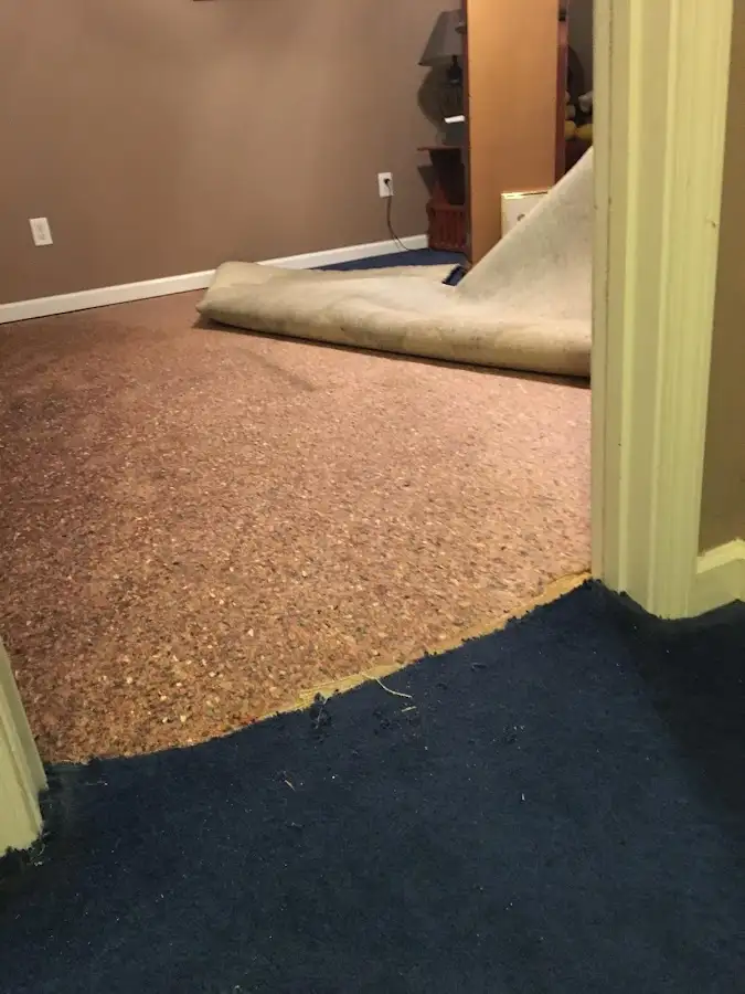 Carpet pad removal revealing water damage during Drying & Dehumidification in Upper Sandusky